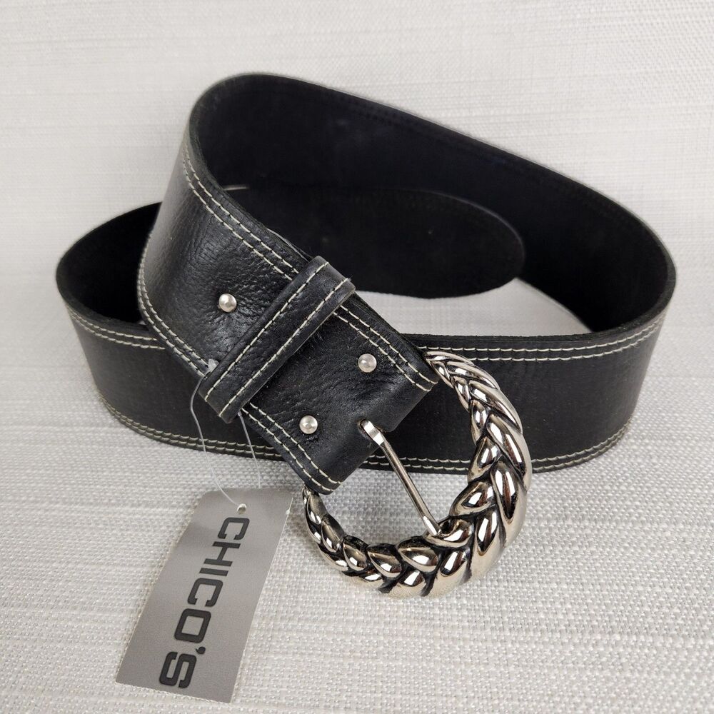 Chicos Chunky Wide Belt M Black Textured Moroccan Leather Braided Buckle NEW